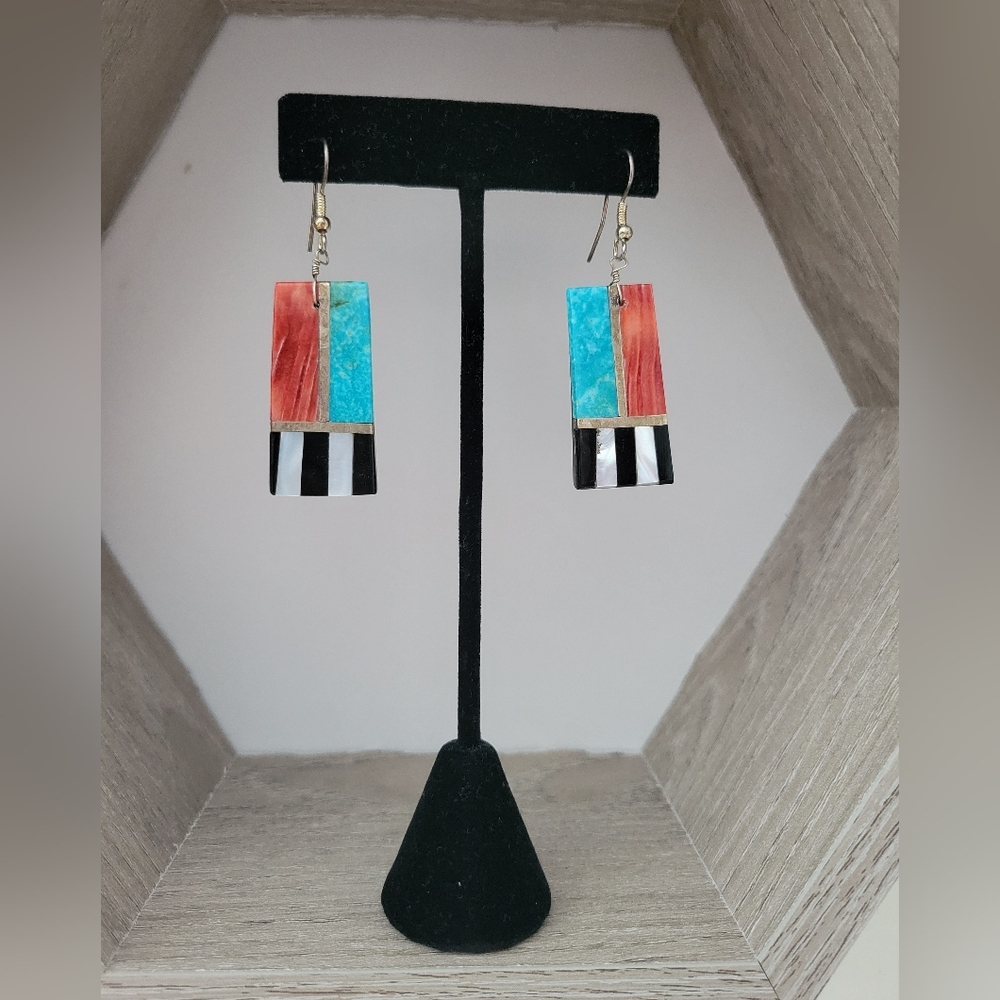 Santo Domingo Pueblo Turquoise Spiny Oyster Inlaid Dangle Earrings Southwestern - Picture 6 of 9